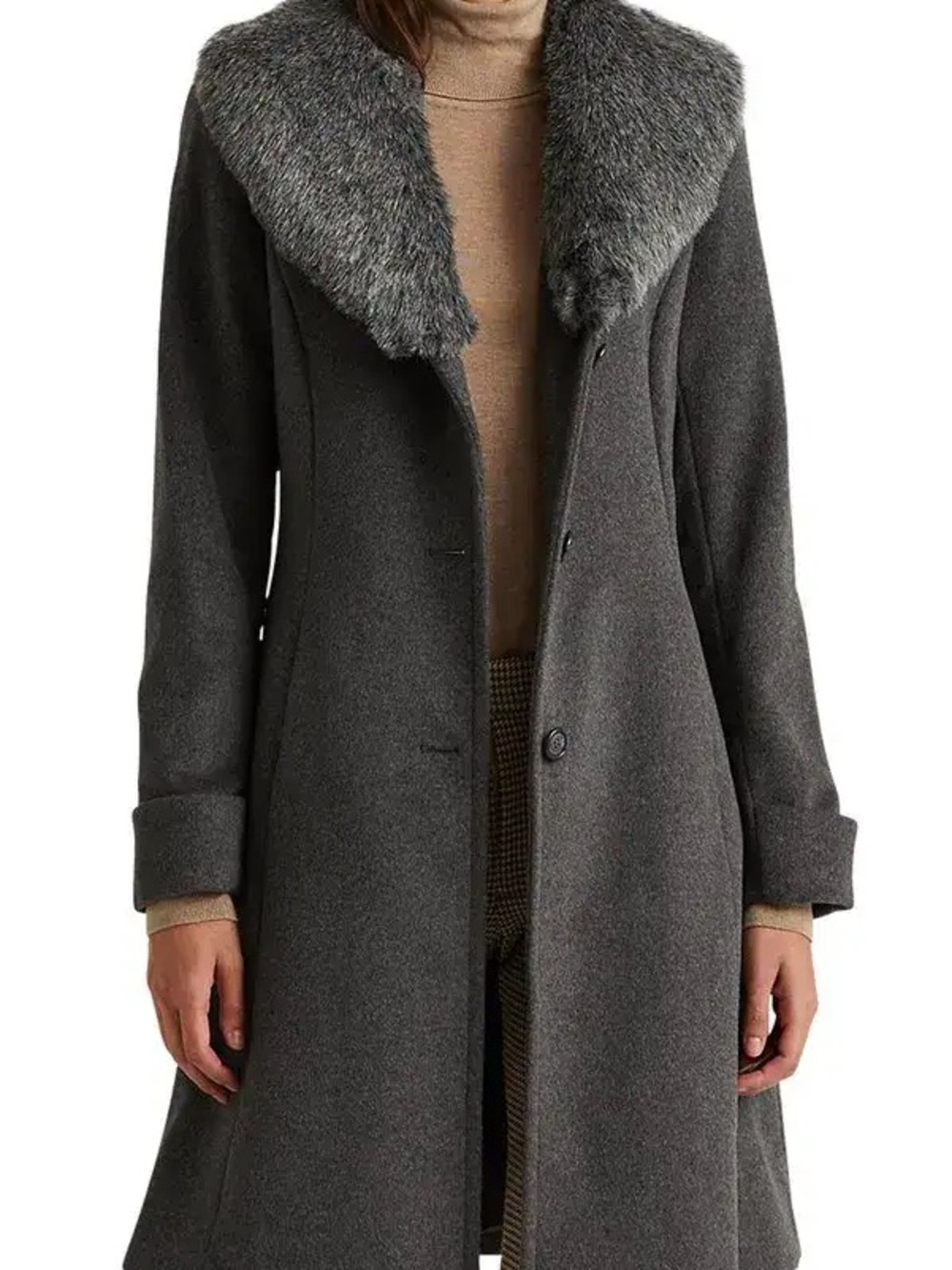 Polo by Ralph Lauren Charcoal Gray Wool Coat with Faux Fur Collar